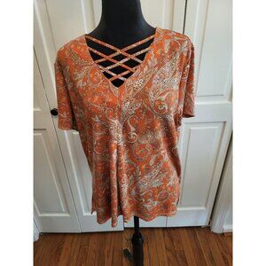 Orange/Tan paisley Lattice Slinky Knit Top Cato L Boho Hippie Office Brunch